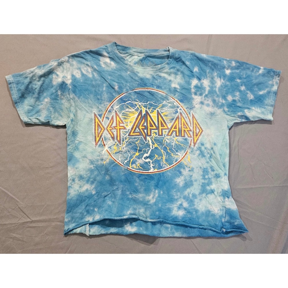 Def Leppard T-Shirt Unisex Small Blue Tie Dye Raw Hem Rock Band Tee